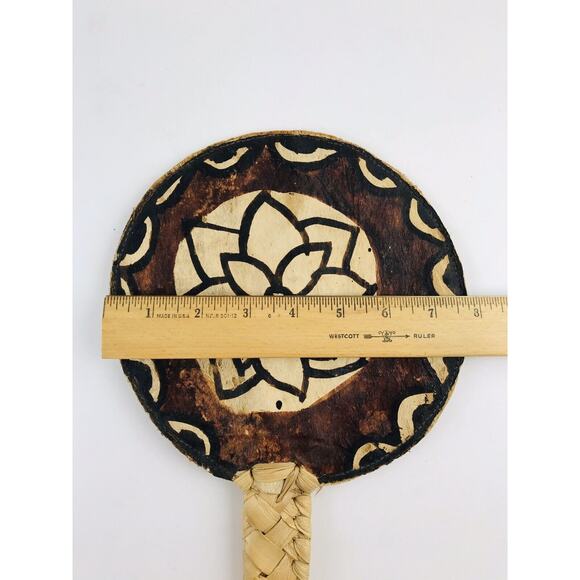 Rattan Hand Held Fan Polynesian Kapa Bark Raffia Antique Woven - Picture 10 of 10